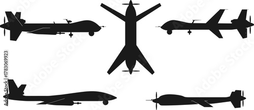 Military drone silhouettes from multiple angles, unmanned aerial vehicles, black vector icons, modern UAV technology, surveillance drone, remote controlled aircraft