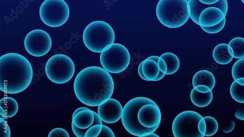 Vibrant glowing cyan bubbles rising over dark blue gradient for smooth abstract digital visuals. Glowing Cyan Bubbles Floating on a Dark Blue Gradient Background abstract circular.