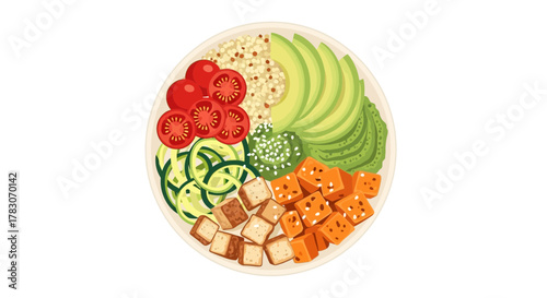 Vibrant vegan buddha bowl with avocado, tofu, quinoa, and fresh vegetables for healthy eating campaigns, wellness blogs, and dietary guides promoting clean eating