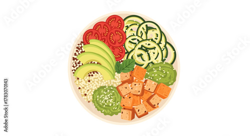 Vibrant vegetarian bowl with fresh avocado, quinoa, tofu, and tomatoes for a healthy and delicious meal perfect for food blogs and nutritional guides