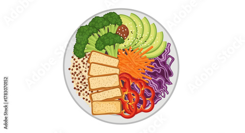 Nourishing vegan buddha bowl with fresh avocado, tofu, broccoli, and quinoa for healthy eating, a colorful and delicious meal, originally a scalable vector graphic