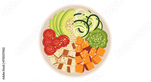 Delicious and nutritious vegan bowl with fresh avocado, quinoa, tomatoes and tofu, a vibrant and healthy food option for a balanced lifestyle