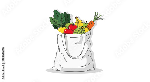 Fresh produce overflows a reusable tote, promoting healthy eating and eco-friendly lifestyle choices, originally a scalable graphic for versatile design use
