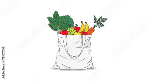 Fresh organic produce overflowing from reusable tote bag, promoting healthy eating and sustainable lifestyle choices, originally created with vector graphics