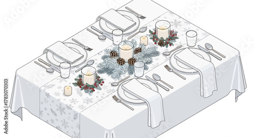 Elegant Christmas table setting with festive decorations, candles, and snowflake runner perfect for holiday gatherings and celebratory meals