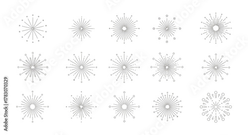 Dynamic burst elements and starburst icons create festive celebratory designs perfect for graphic projects and modern branding applications