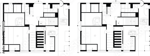 Modern architectural floor plan layout, black and white blueprint design, residential building plan, professional house interior drawing design template.
