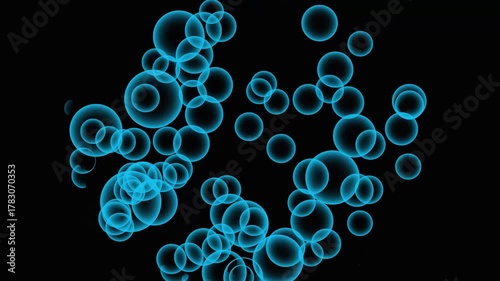 Abstract Blue Bubbles Floating on Black Background circle. Dynamic glowing blue spheres drifting on dark backdrop for elegant abstract circular animation.
