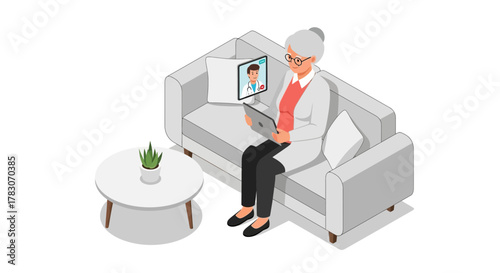 Elderly woman joyfully connects with doctor via video call, embracing modern telemedicine for convenient healthcare from home