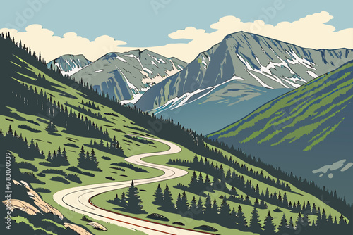 “Trail Ridge Road Colorado alpine views, crisp vector”