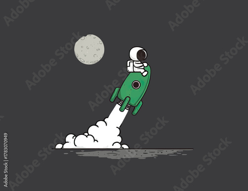 An astronaut rides a green rocket into space, with the moon visible in the background.