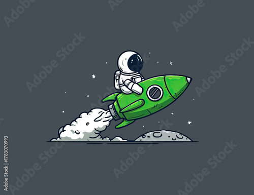 An astronaut rides a green rocket through space, passing a small moon and stars.