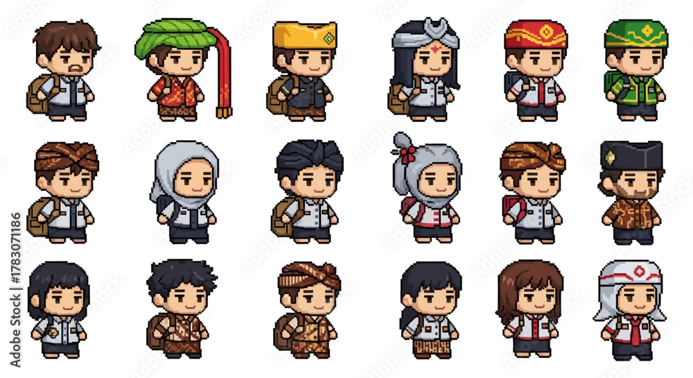 Obraz premium Indonesian Ethnic Diversity Pixel Art Characters