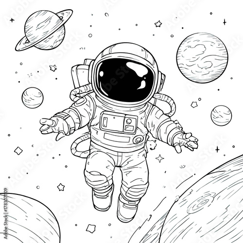 Detailed line art of an astronaut floating in space surrounded by planets and stars.