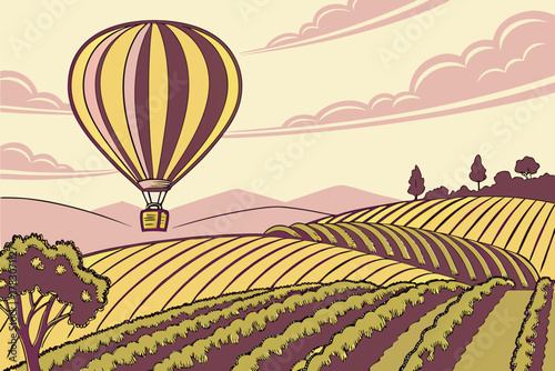“Hot air balloon over Napa vineyards, dreamy vector”