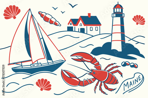 “Lobster Fest in Maine with coastal icons, nautical vector”
