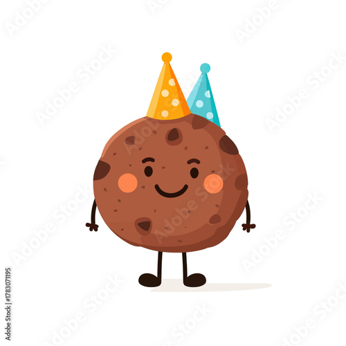 A cute cartoon chocolate chip cookie character wearing party hats, smiling happily.