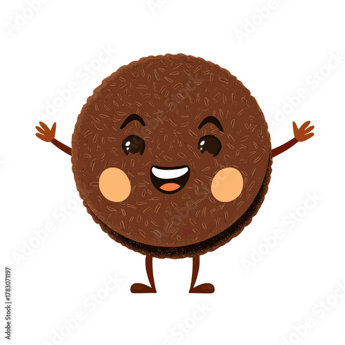 A cute cartoon chocolate cookie character with a happy smiling face, rosy cheeks, and outstretched arms, isolated on a white background.