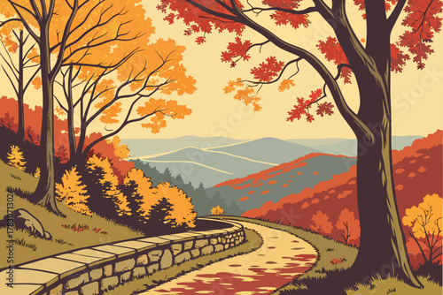 “Blue Ridge Parkway scenic overlook, fall foliage vector”