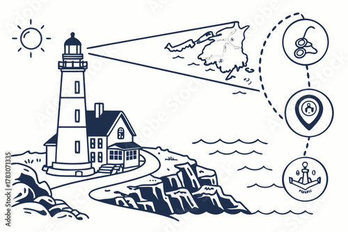 “Route 1 Maine lighthouse tour, nautical vector”
