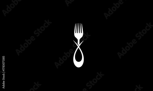 A minimalist white fork with an infinity symbol handle on a black background.