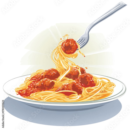 Delicious Spaghetti with Meatballs, Italian Cuisine, Home Kitchen, Illustration, Bright Setting, Close-Up View, Culinary Delight