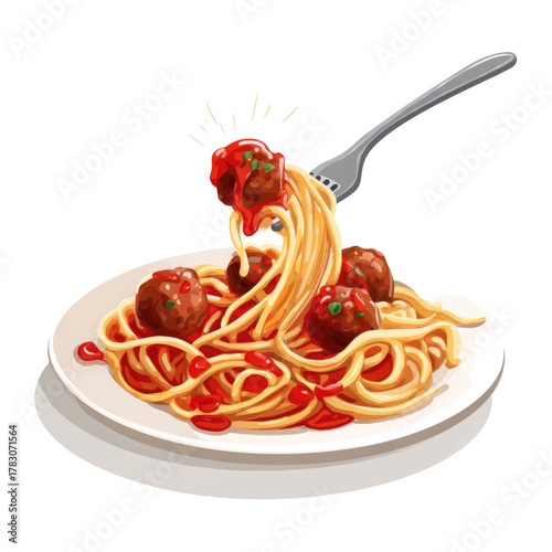 Illustration of a plate of spaghetti and meatballs with a fork lifting a meatball.