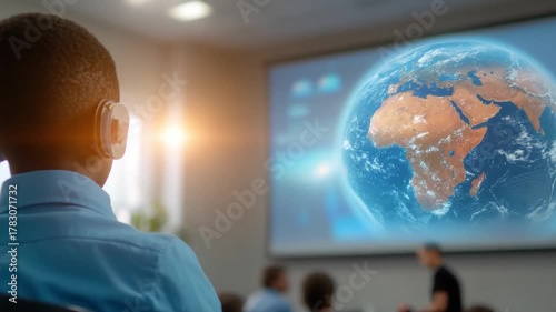 Global Classroom: A young student attentively observes a detailed projection of the Earth during a lesson, fostering curiosity and knowledge