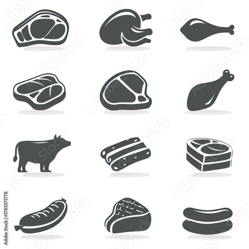 Illustration of various meat products including steak, chicken, ribs, and sausage.