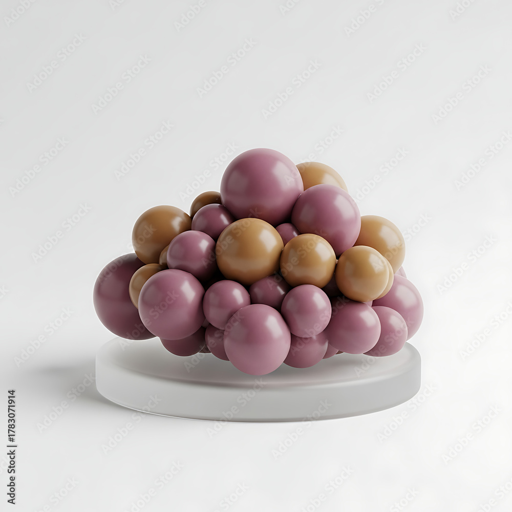 Fototapeta premium Abstract cluster of pink and brown glossy spheres on a pedestal. Modern 3d render with a minimalist design on a white background