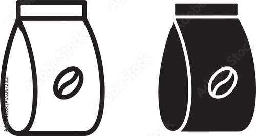 Minimalist coffee bag icon set, featuring outline and solid glyph styles, ideal for branding, web design, and digital beverage menus isolated on white background, Vector, illustration