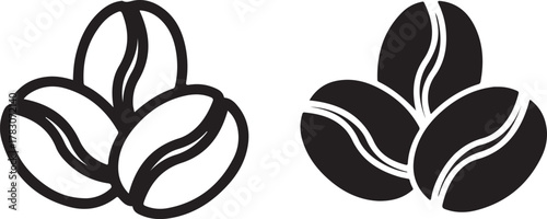 Coffee bean icon illustration set showing both outlined and solid black variations, perfect for cafe menus, branding, and digital design projects isolated on white background, Vector, illustration