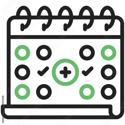 Schedule Planning Icon: An illustrated image features a spiral-bound calendar, with its days marked with checkmarks and a prominent plus sign, symbolizes scheduling and project management.