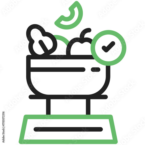 Healthy Meal Preparation Icon: An illustrative image featuring a bowl of fresh, vibrant vegetables, positioned atop a balanced scale, signifying the essence of a nutritious and well-proportioned meal.
