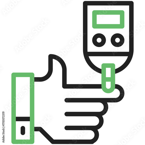 Checking Glucose level: A graphic depiction of a hand using a blood glucose meter to check blood sugar.