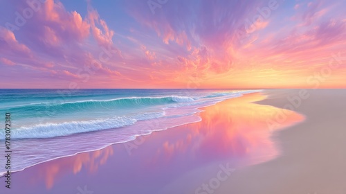Serene Ocean Beach at Sunset With Pink and Orange Clouds Reflected on Wet Sand and Gentle Waves
