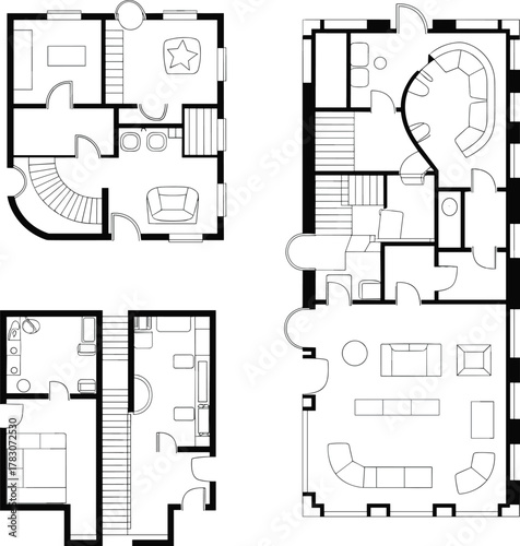Modern black and white architectural floor plan layout with curved stairs, spacious rooms, detailed furniture setup, ideal for house planning.