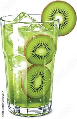 Realistic Kiwi Fruit Cocktail or Soda Drink Vector Illustration - Refreshing Summer Beverage Graphic
