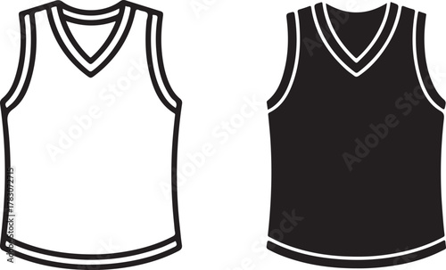 Basketball jersey icon set showing a white outline and a solid black v-neck athletic tank top for team sports, uniform, and apparel design isolated on white background, Vector, illustration