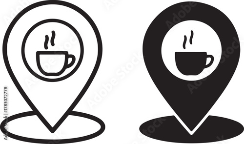 Coffee shop location map pin icon set, showing outline and solid filled versions for cafe, restaurant, and beverage finder applications. isolated on white background, Vector, illustration
