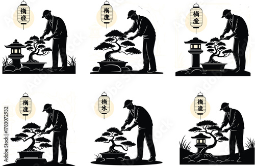 Japanese gardener trimming bonsai tree, traditional horticulture art, zen garden culture, nature care, patience and balance concept, vector illustration design inspiration