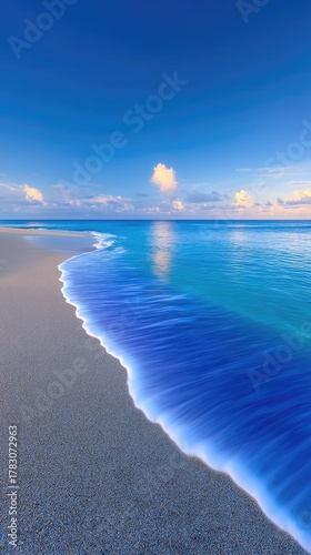 Tranquil Beach Shoreline With Gentle Ocean Waves Gently Washing Over Dark Sand Under A Clear Blue Sky With Wispy Clouds At Sunrise