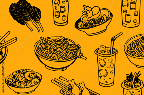 A vibrant seamless pattern featuring various hand-drawn Asian food and drink items in black outline on a bright yellow background.