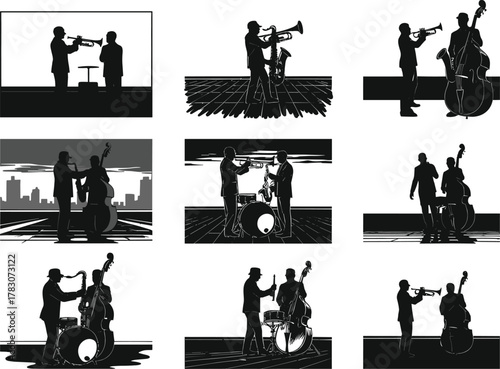 Jazz musicians performing silhouette illustration, trumpet bass drum trio band art, city skyline background, urban nightlife performance concept, vector jazz concert design
