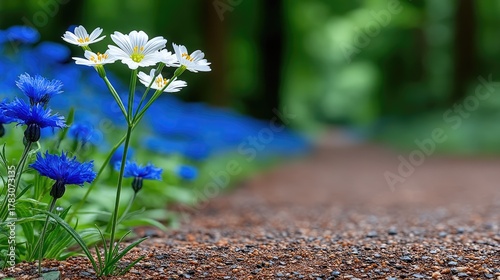 Vibrant Blue Cornflowers And Delicate White Wildflowers Bloom Beside A Gravel Path In A Sunlit Forest With Soft Green Foliage Background
