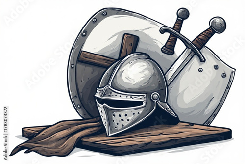 Illustration of a medieval helmet, shield, and swords resting on a wooden surface with a cloth.