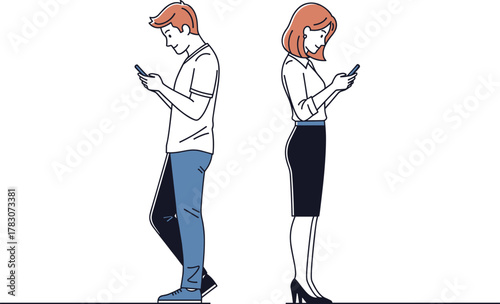 Man and woman standing back to back using smartphones, disconnected communication, technology addiction concept, modern digital lifestyle vector illustration, flat design
