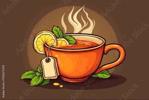 Illustration of a steaming cup of tea with lemon slices and mint leaves, set against a brown background.