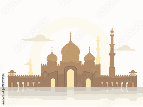 A grand, ornate mosque with multiple domes and tall minarets, depicted in a warm, muted color palette, reflecting on a calm surface under a hazy sky.