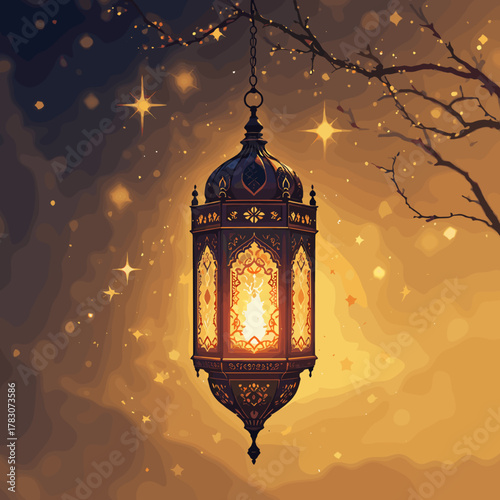 Ornate lantern hanging from a tree branch, glowing warmly against a bokeh background with stars, evoking a festive and spiritual atmosphere.